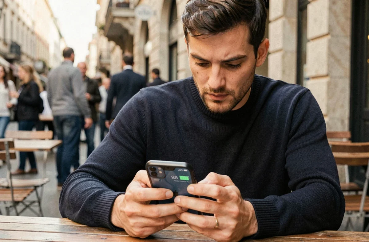 Homme consultant les statistiques d'autonomie de son iPhone dans un café en terrasse urbaine