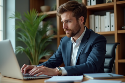 Homme d'affaires analysant des données sur un ordinateur au bureau