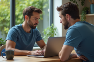 Homme concentré travaillant sur son ordinateur dans un appartement moderne