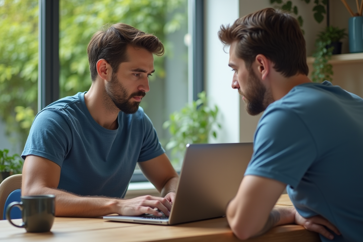 Homme concentré travaillant sur son ordinateur dans un appartement moderne
