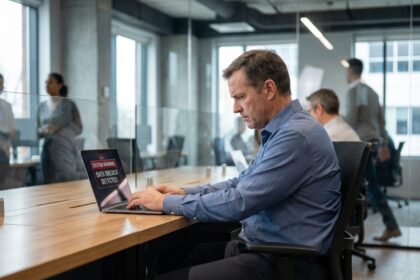 Homme d'affaires inquiet regardant un ordinateur au bureau