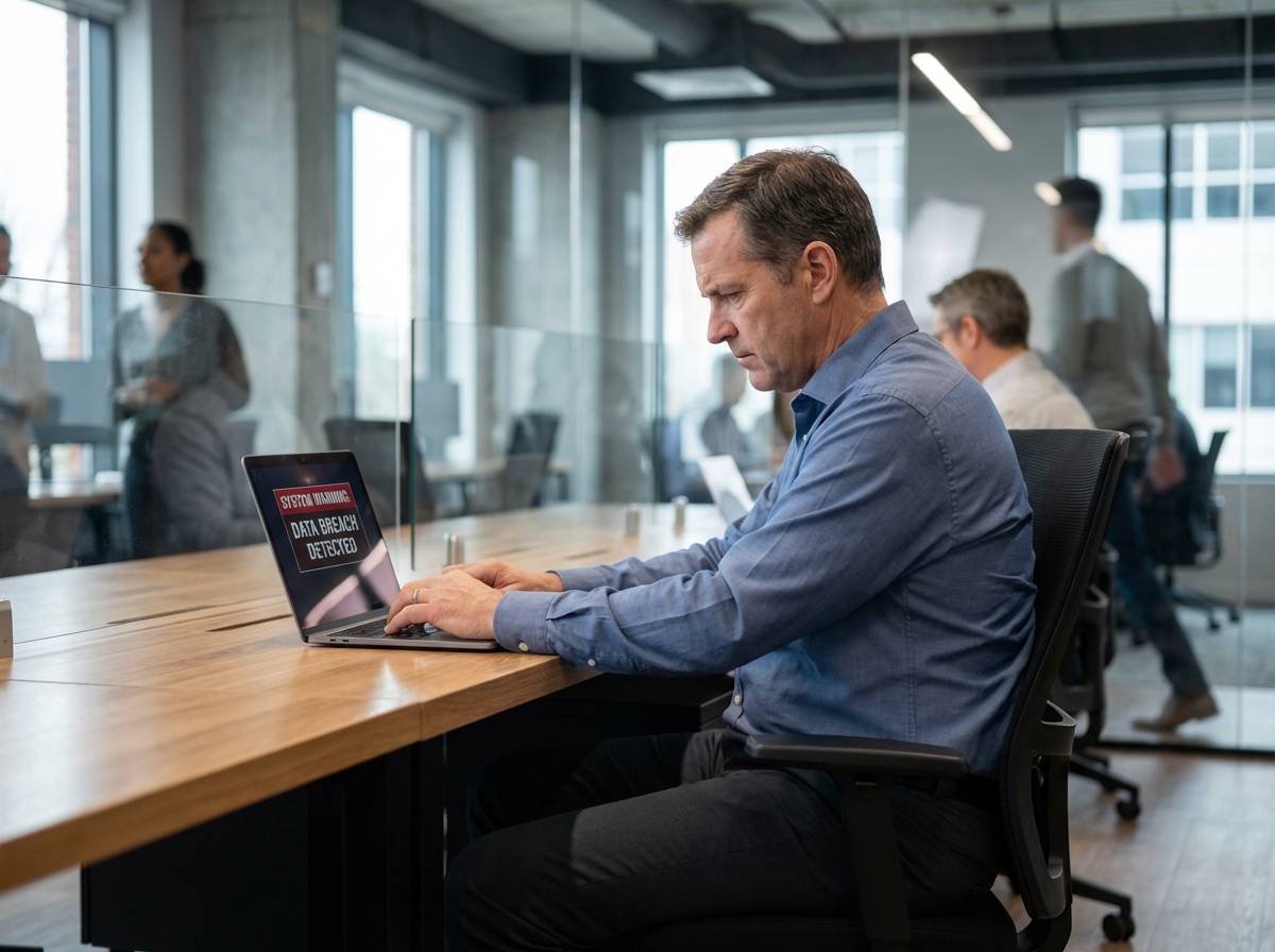 Homme d'affaires inquiet regardant un ordinateur au bureau