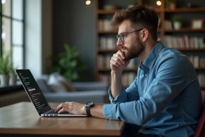 Homme au bureau regardant son ordinateur avec IP affichée