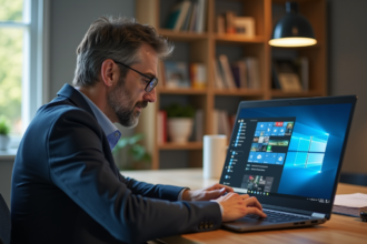 Homme d'âge moyen travaillant sur son ordinateur portable dans un bureau moderne