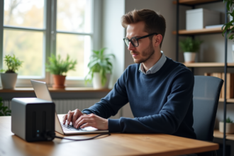 Homme en bureau moderne avec NAS et ordinateur portable