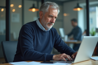 Homme d'âge moyen travaillant sur un ordinateur dans un bureau moderne