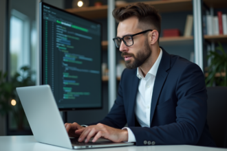 Homme d'affaires en bureau moderne travaillant sur un ordinateur