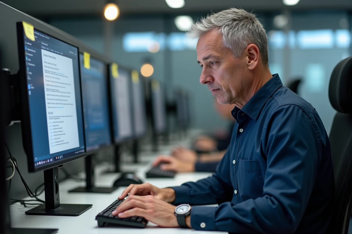 Homme en bureau utilisant des raccourcis clavier Windows pour saisir des lettres accentuées majuscules en français