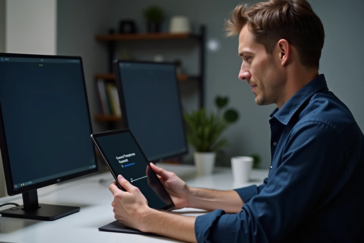 Homme dans un bureau à domicile essayant de réinitialiser une tablette Samsung bloquée sur la barre de progression