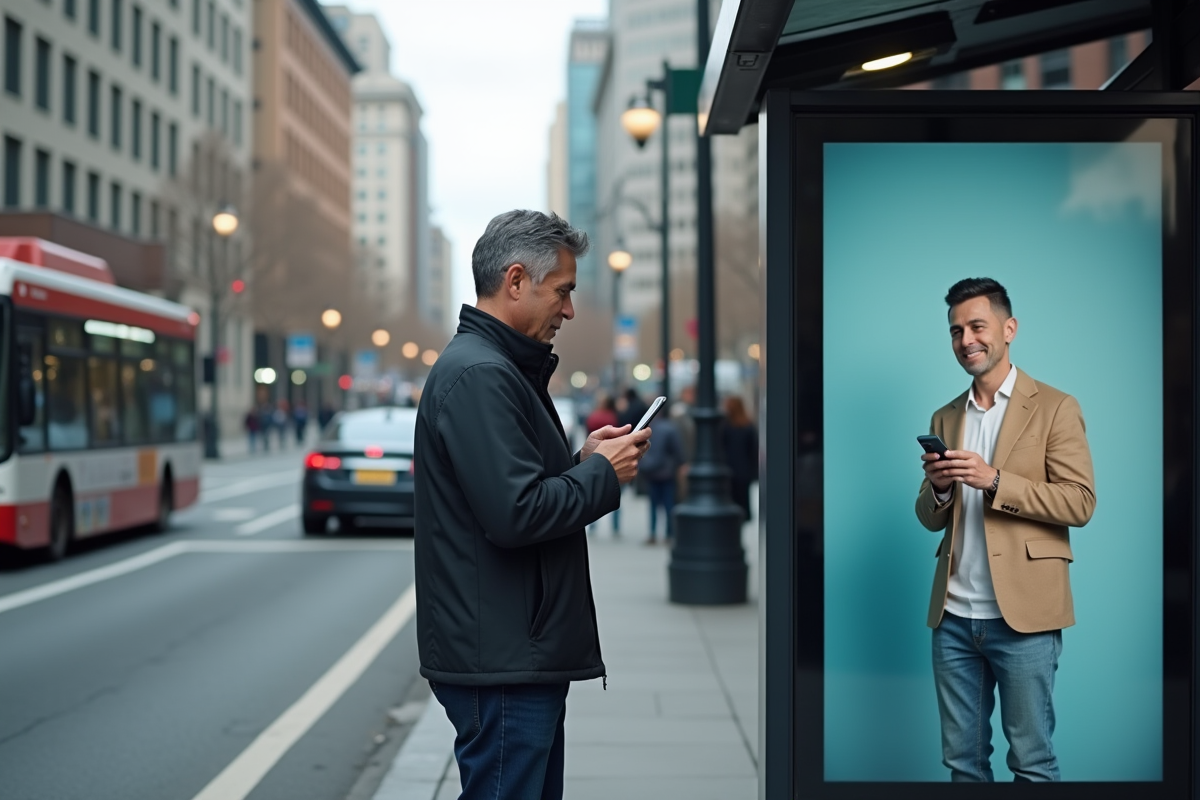 Homme dehors devant un panneau publicitaire numérique