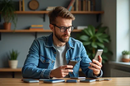 Homme en denim compare des téléphones anciens dans un intérieur cosy