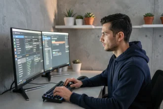 Homme en hoodie marine configurant un réseau VPN sur un double écran dans un bureau à domicile moderne pour masquer son adresse IP
