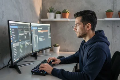 Homme en hoodie marine configurant un réseau VPN sur un double écran dans un bureau à domicile moderne pour masquer son adresse IP