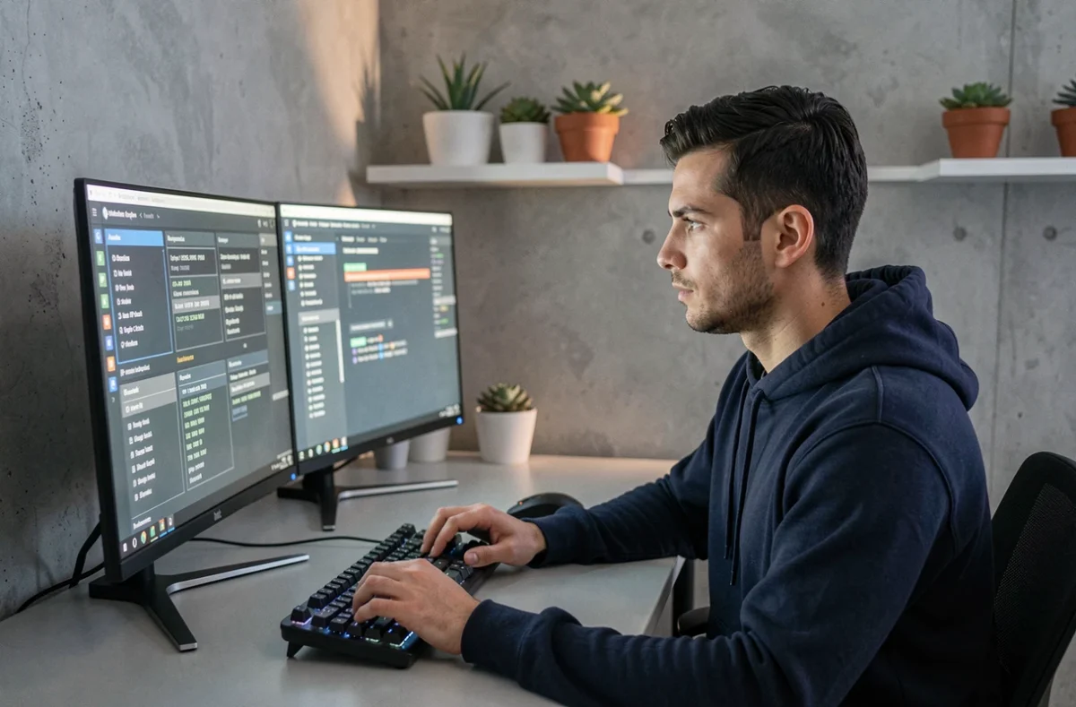 Homme en hoodie marine configurant un réseau VPN sur un double écran dans un bureau à domicile moderne pour masquer son adresse IP
