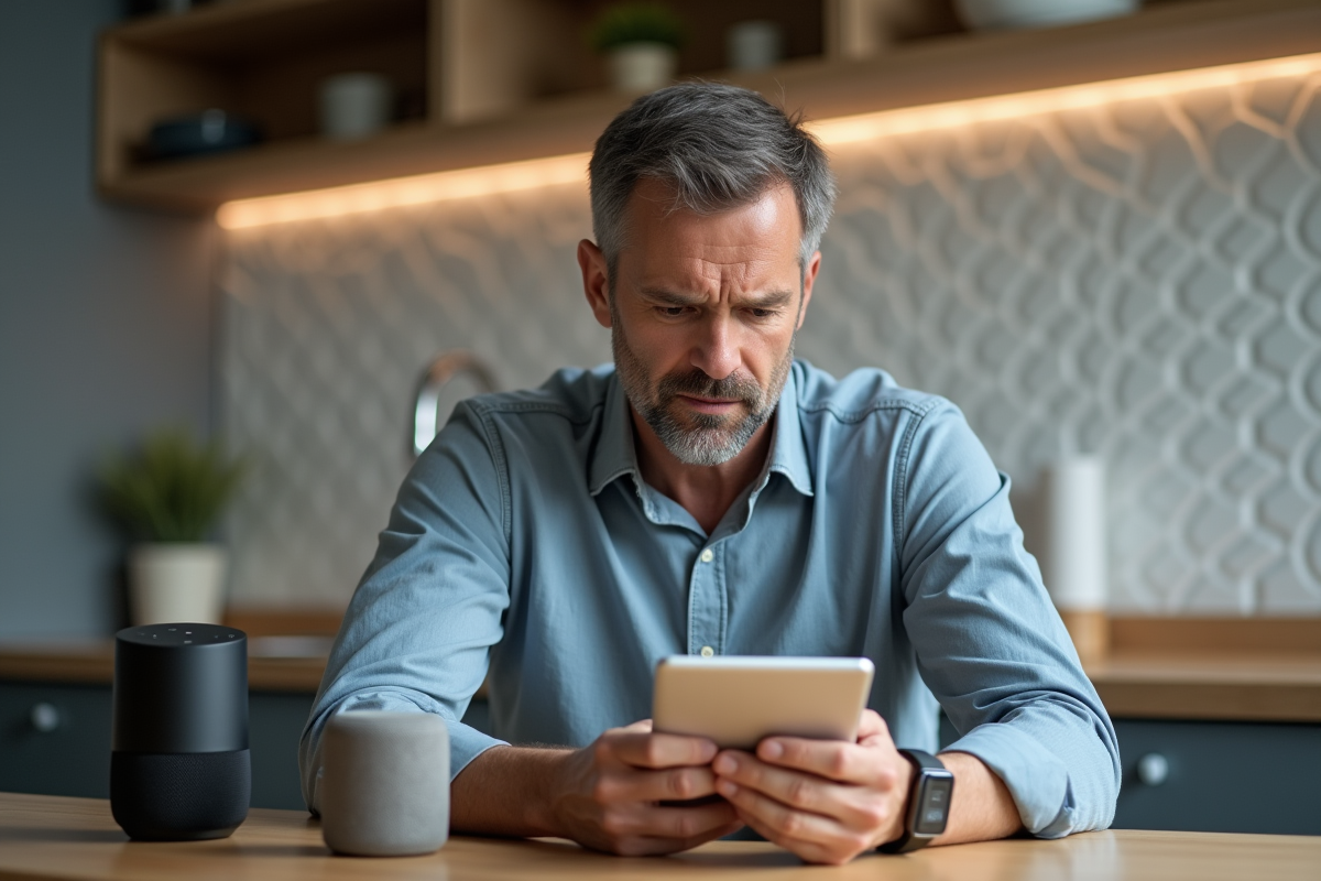 Homme d'âge moyen utilisant des appareils connectés à la maison