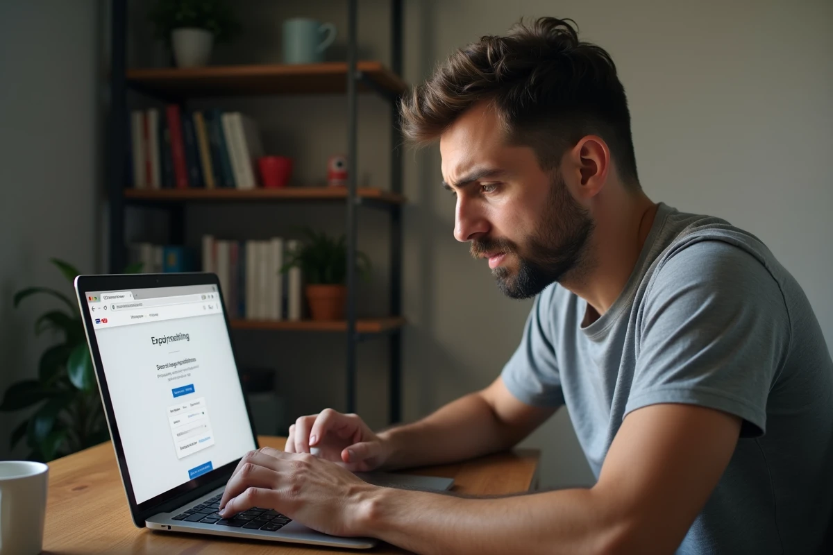 Homme concentré consultant la page chrome://flags sur son ordinateur portable pour corriger un mauvais réglage