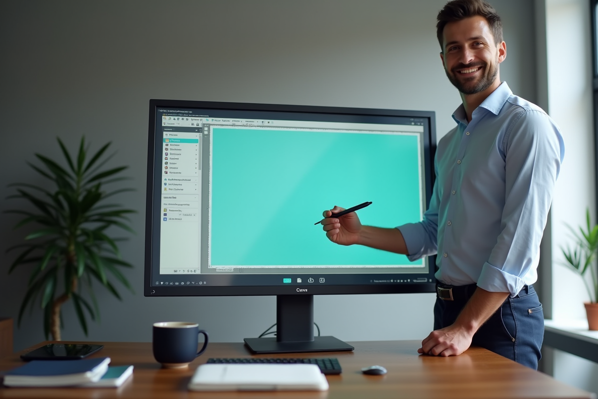 Homme montrant comment créer un cadre sur Canva avec un stylet dans un bureau moderne