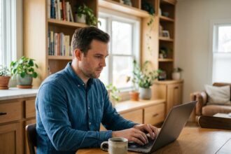 Homme d'affaires au bureau avec ordinateur portable