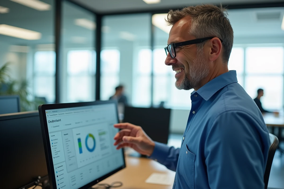 Homme en bureau montrant un tableau de bord Arena
