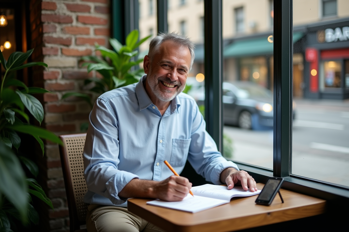 Homme middleaged dessinant au café avec tablette et carnet