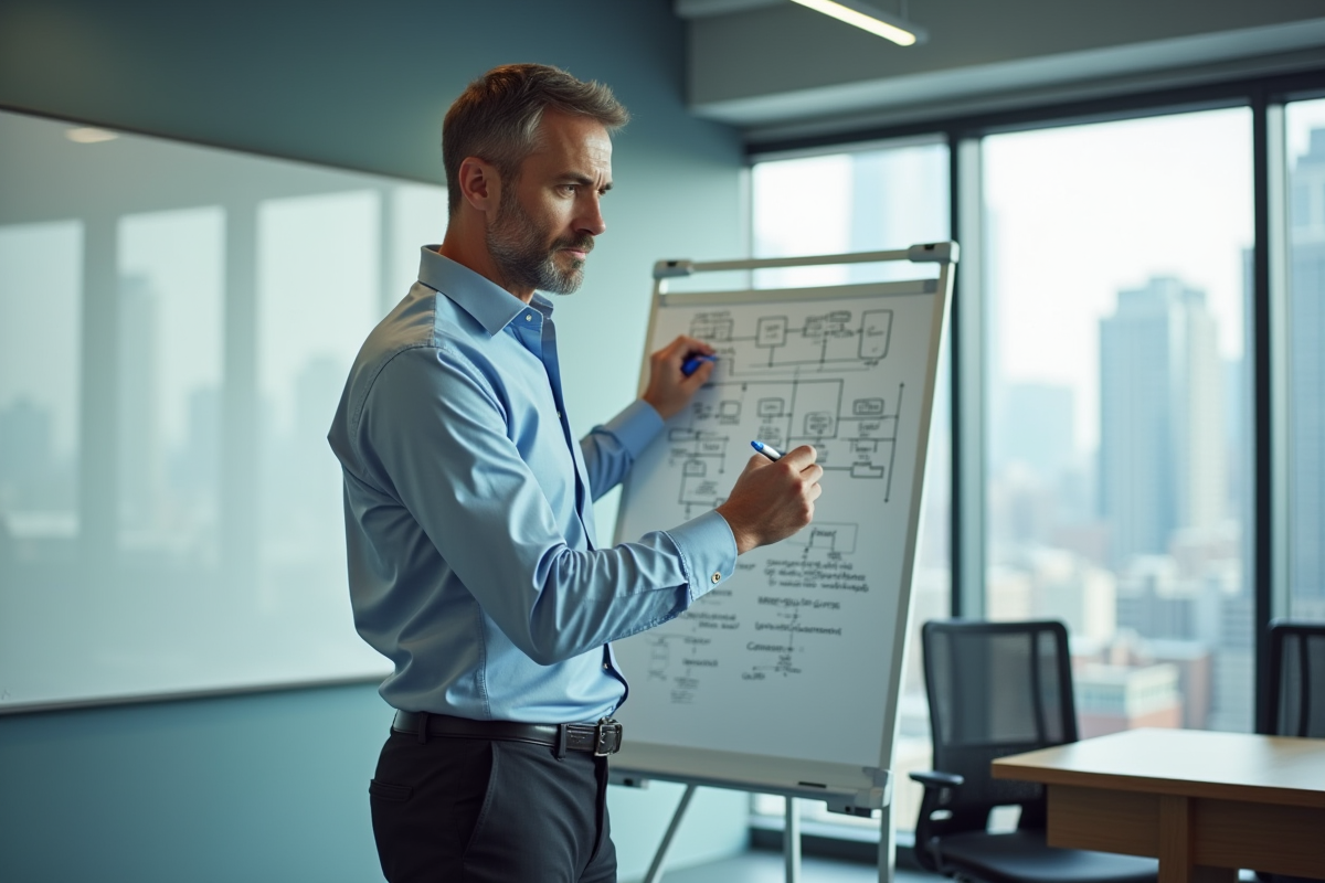 Homme en réunion dessinant un diagramme sur le tableau blanc