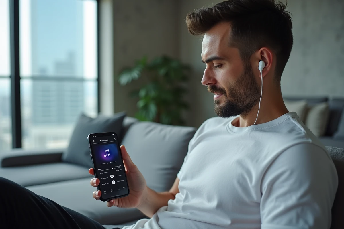 Homme avec écouteurs sans fil gérant des fichiers MP3 sur smartphone dans un appartement moderne