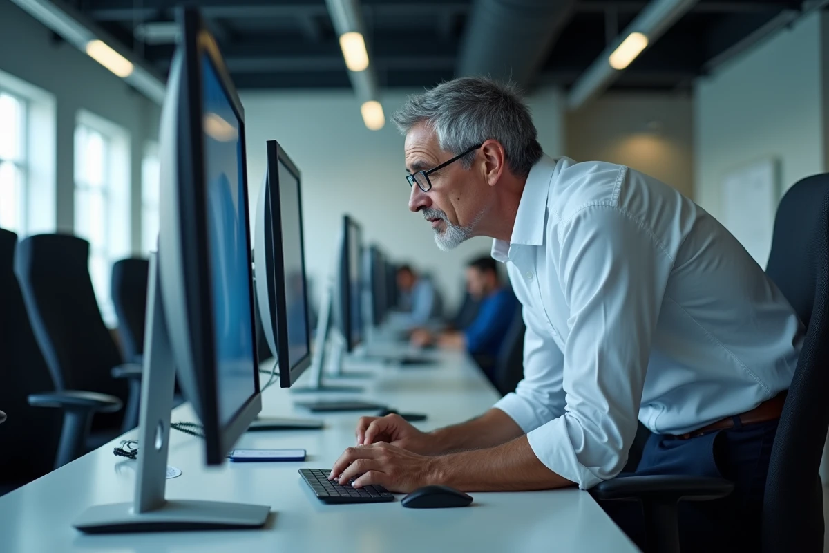 Homme se penchant vers un grand écran d'ordinateur dans un bureau open space, posture tendue et yeux plissés