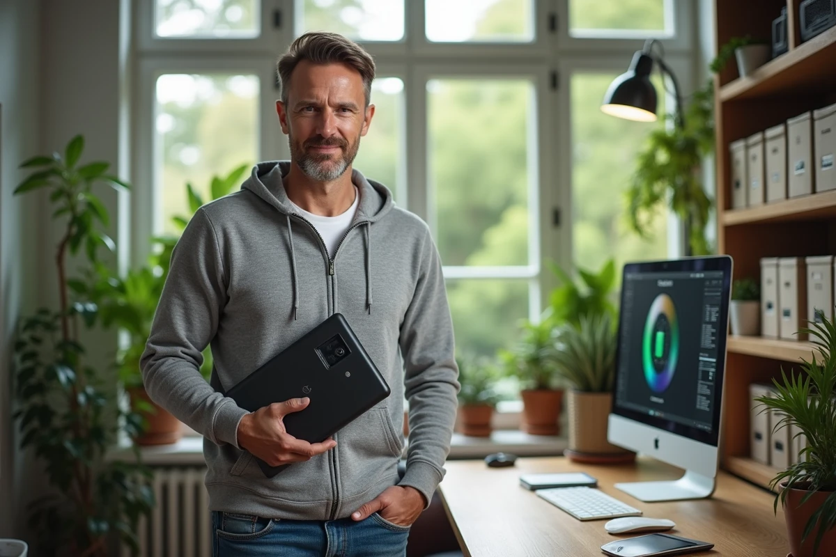 Homme déployant un dispositif de sauvegarde dans un bureau lumineux