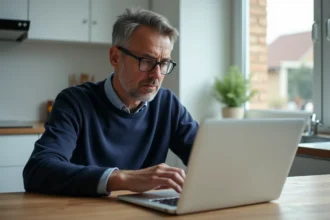 Homme d'âge moyen concentré sur son ordinateur dans la cuisine