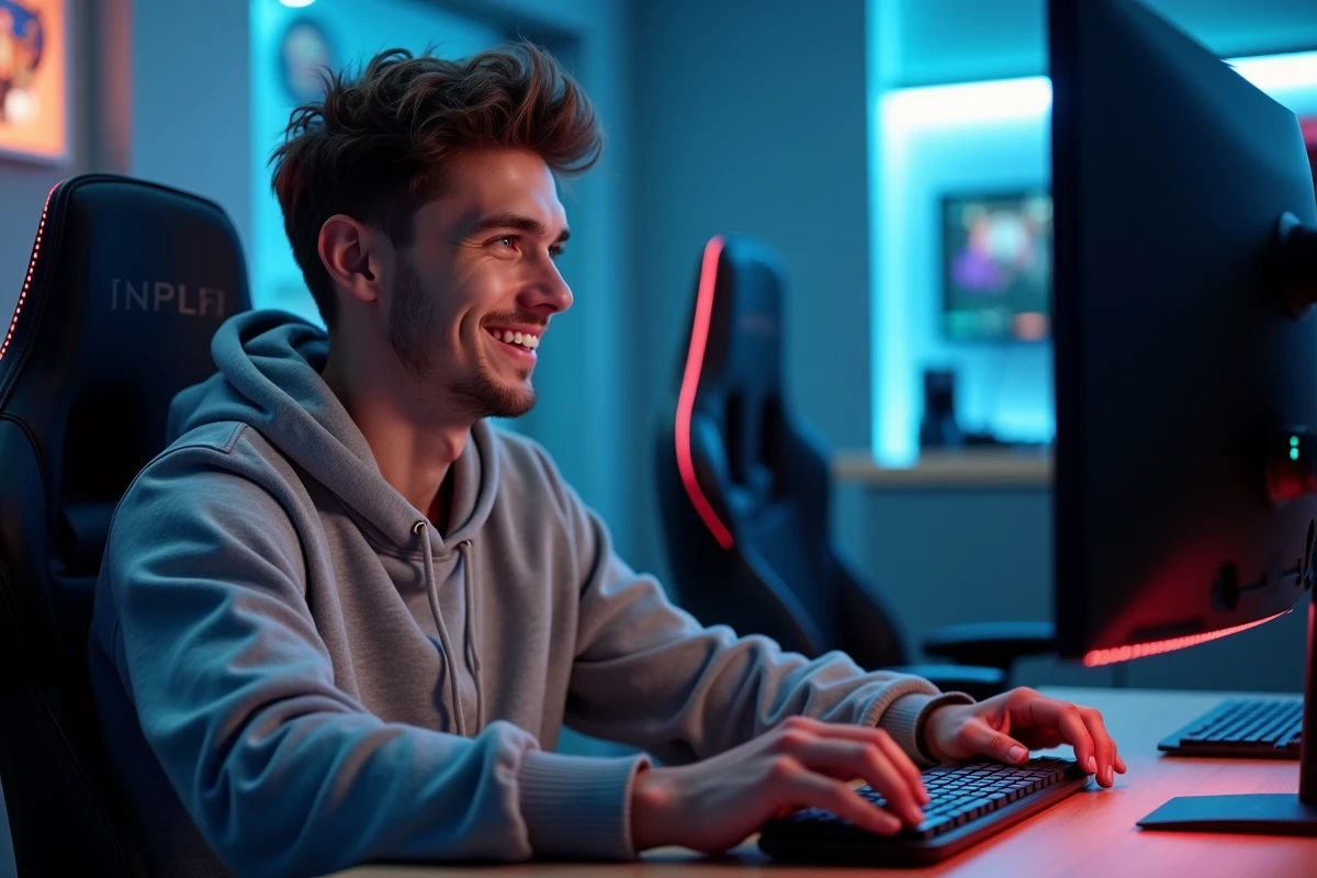 Jeune homme jouant avec une souris gaming dans un salon