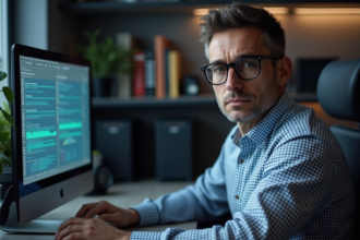 Homme professionnel IT surveillant une sauvegarde de données