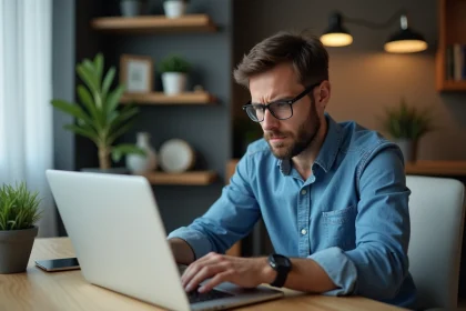 Homme inquiet utilisant un ordinateur pour suivre un colis