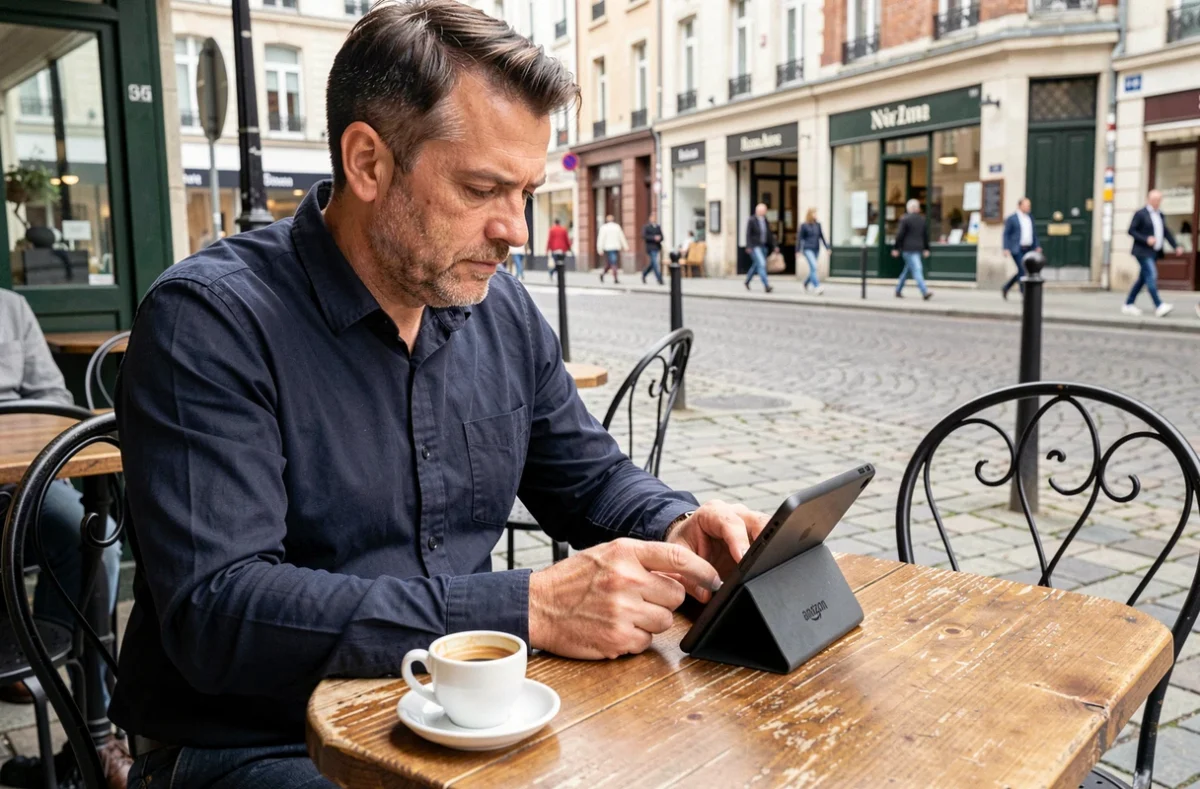 Homme consultant sa liseuse Kindle dans un café en terrasse, avec une ambiance de rue européenne en arrière-plan