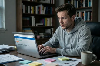 Homme scrutant un site web suspect sur son ordinateur portable dans un bureau sombre, illustrant la méfiance face à des domaines internet inconnus