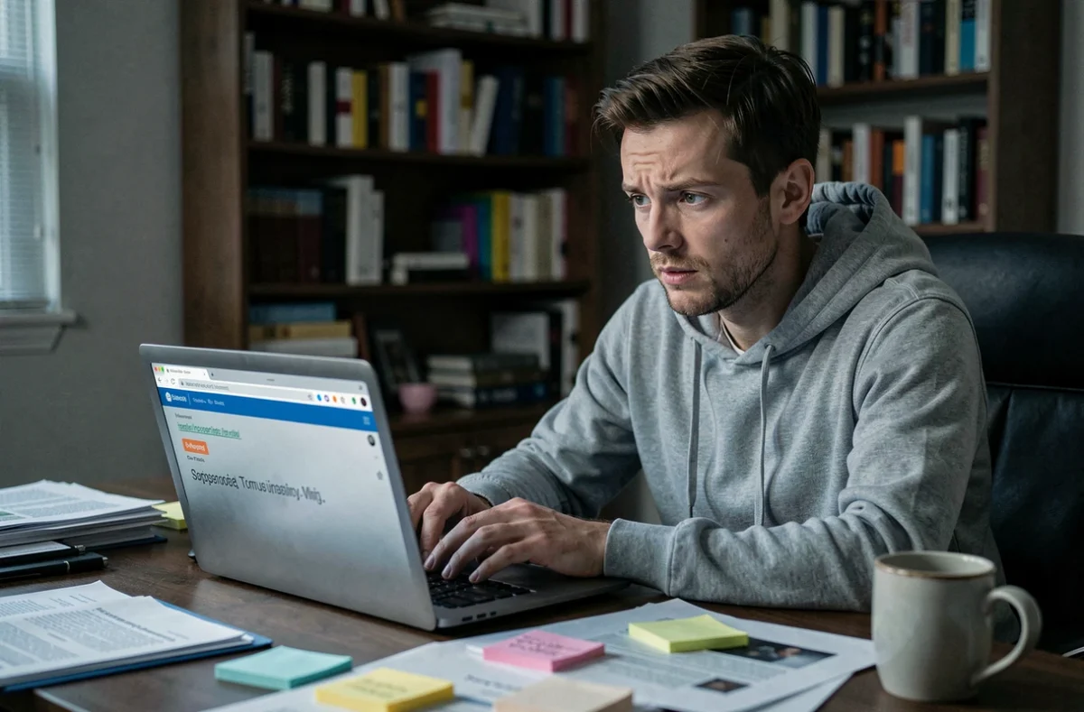 Homme scrutant un site web suspect sur son ordinateur portable dans un bureau sombre, illustrant la méfiance face à des domaines internet inconnus