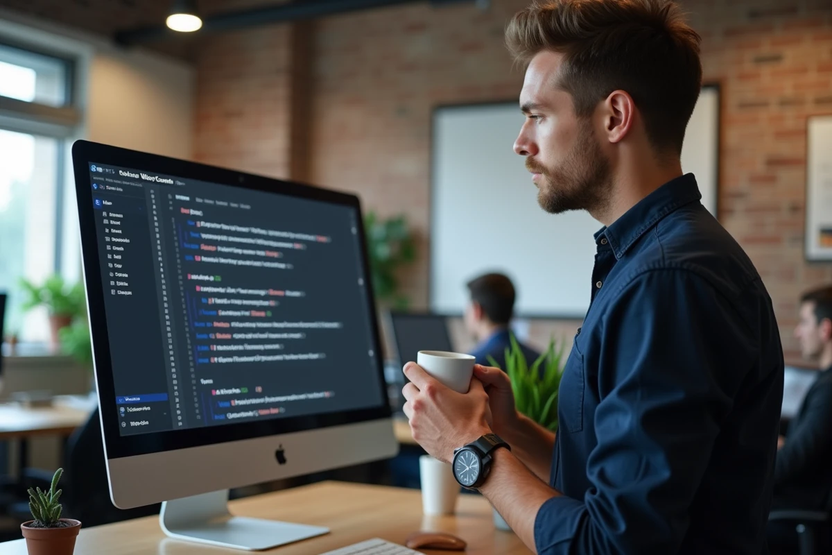 Homme consultant un outil de comptage de caractères en ligne sur un grand écran dans un bureau en open space