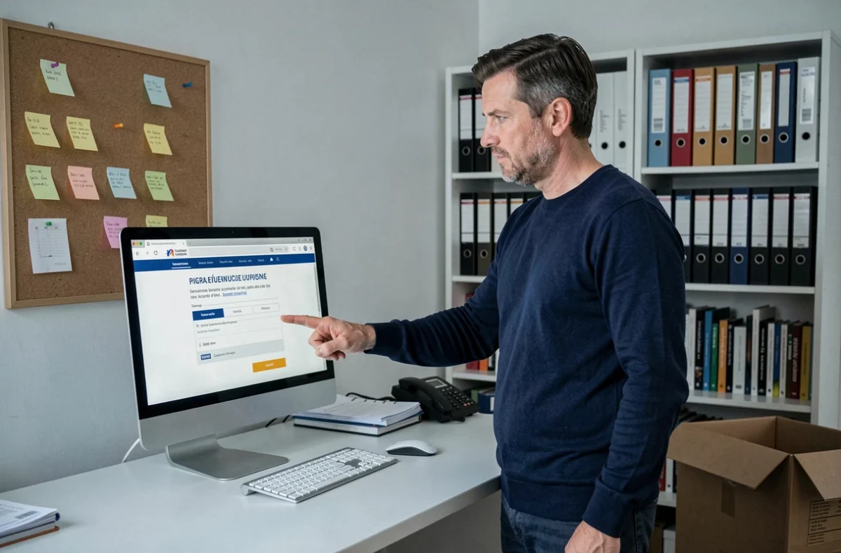 Homme utilisant un portail gouvernemental en ligne pour effectuer une déclaration de changement d'adresse depuis son bureau à domicile