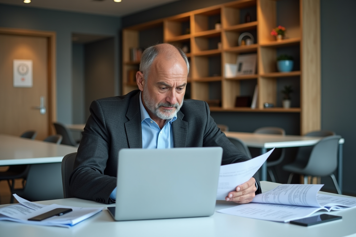 Homme en costume préparant sa présentation sur un ordinateur portable