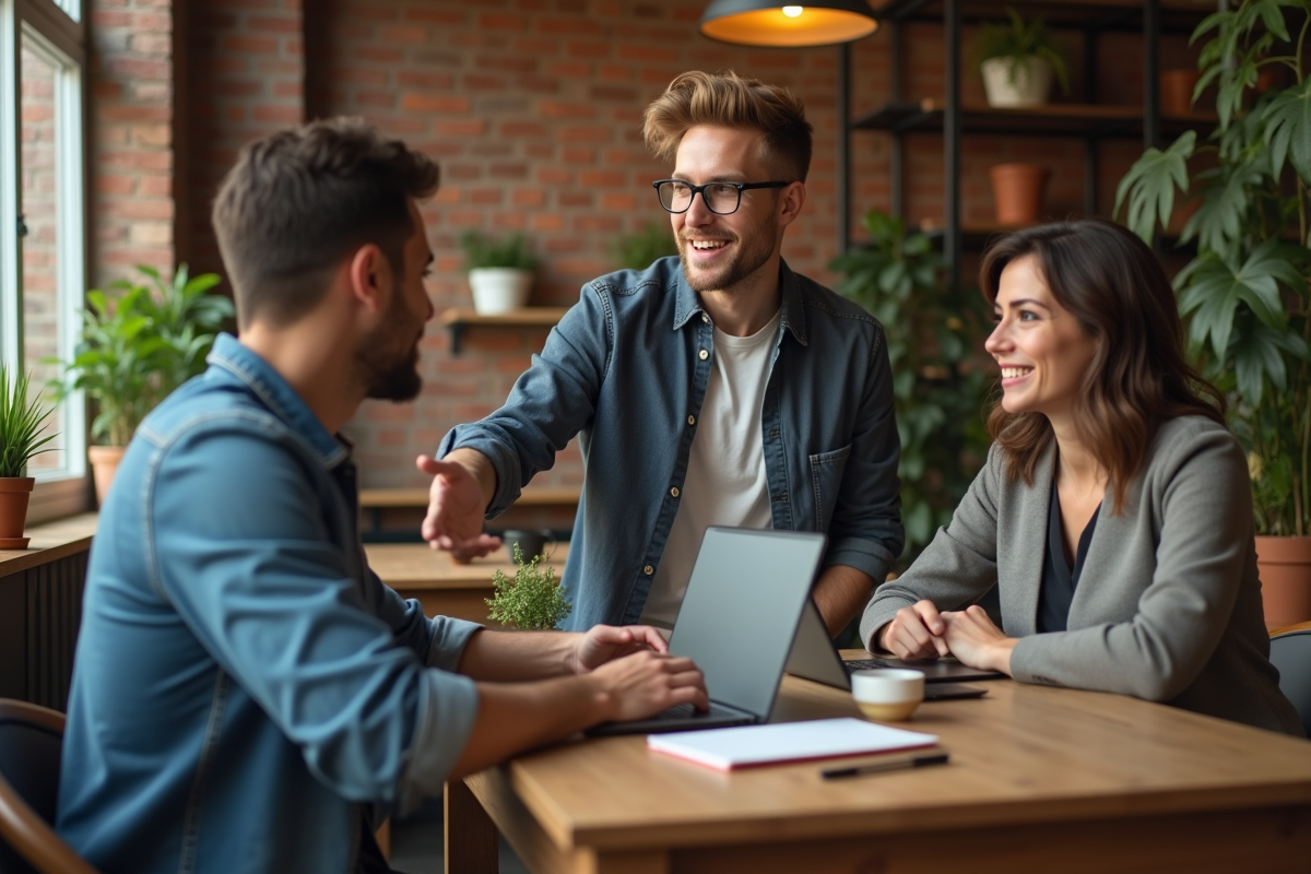 Homme présentant des stratégies SEO à un client dans un café