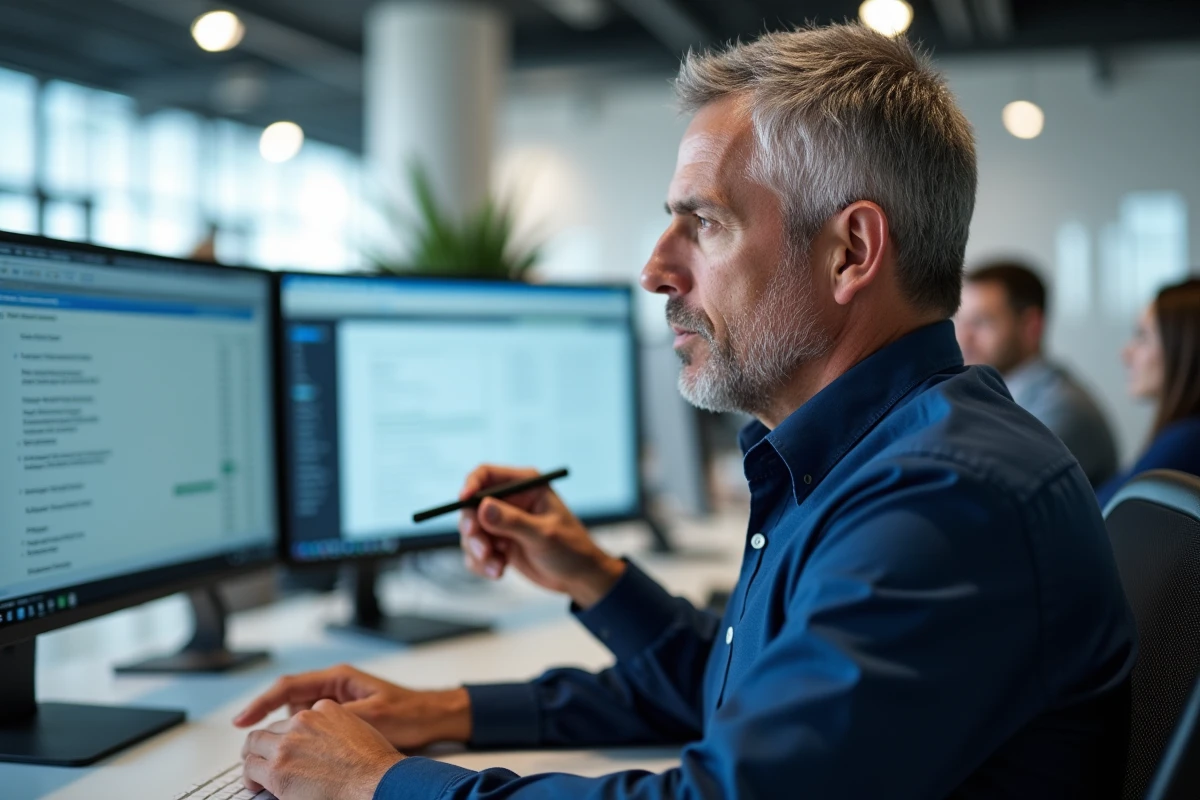 Homme en entreprise utilisant le publipostage Word avec une liste de contacts Excel sur deux écrans