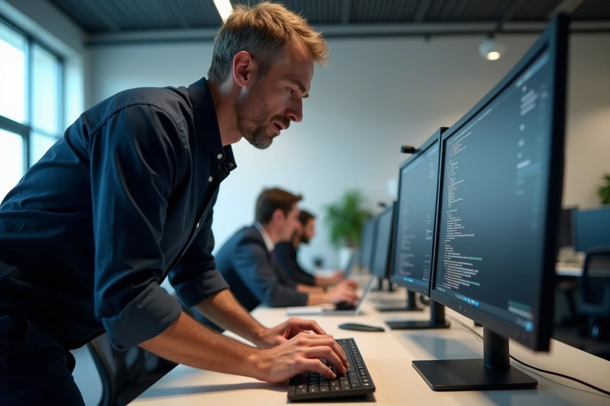 Homme appuyant sur la touche Shift d'un clavier sans fil dans un bureau professionnel open space