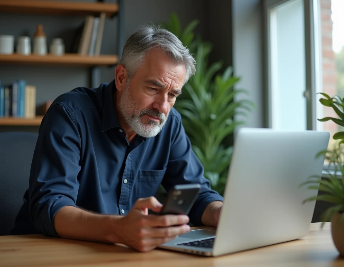 Homme en train de récupérer des photos supprimées sur iPhone en utilisant son ordinateur portable Mac à domicile