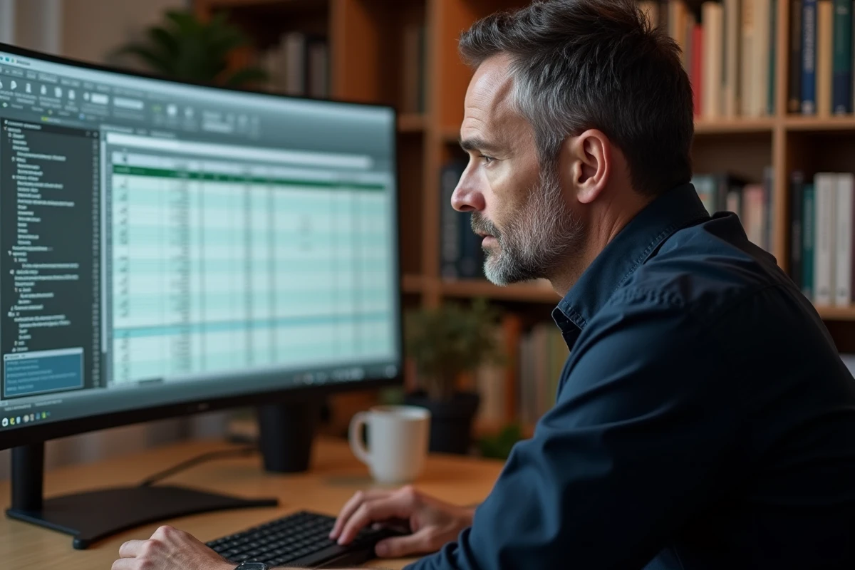 Homme concentré devant un écran d'ordinateur affichant un tableau Excel avec lignes et colonnes à réorganiser dans un bureau à domicile