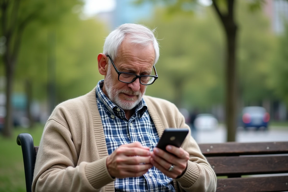 Homme âgé insérant une carte SIM dans un smartphone en plein air
