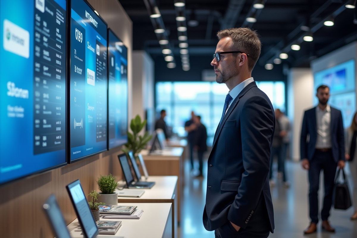 Homme observe affichage des plans fibre dans un magasin telecom