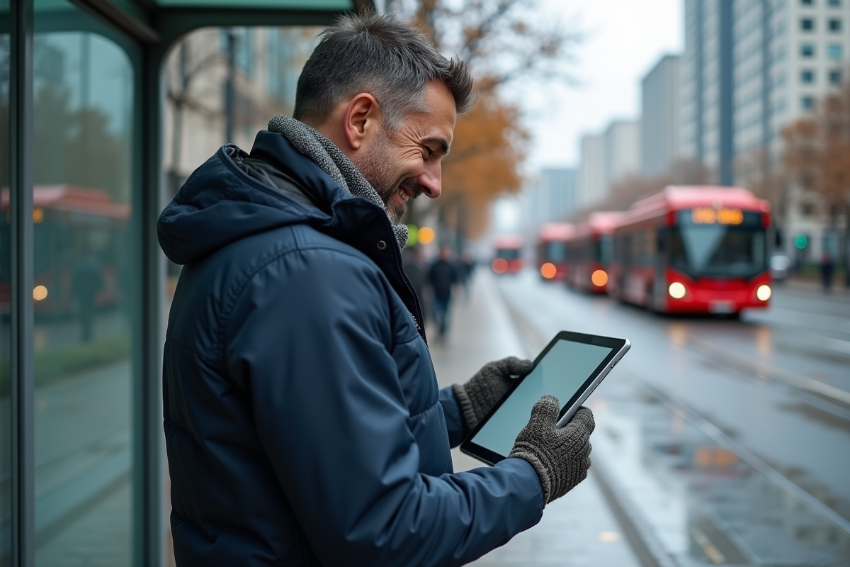 Homme partageant un itinéraire sur sa tablette dans la rue