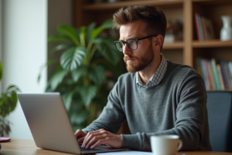 Homme concentré travaillant sur son ordinateur à domicile