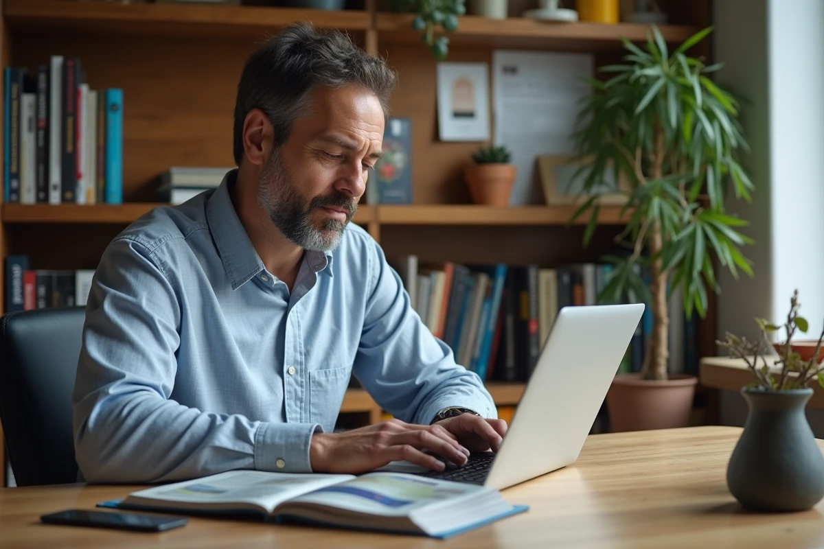 Homme d age moyen travaillant sur un ordinateur dans un bureau