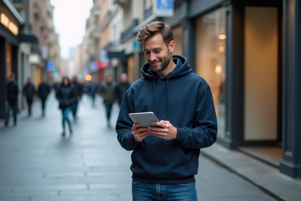 Homme en ville analysant des statistiques sur sa tablette