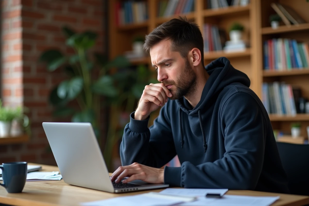 Homme consultant un site web sur ordinateur portable avec une expression interrogative, évaluant la fiabilité d'une source en ligne